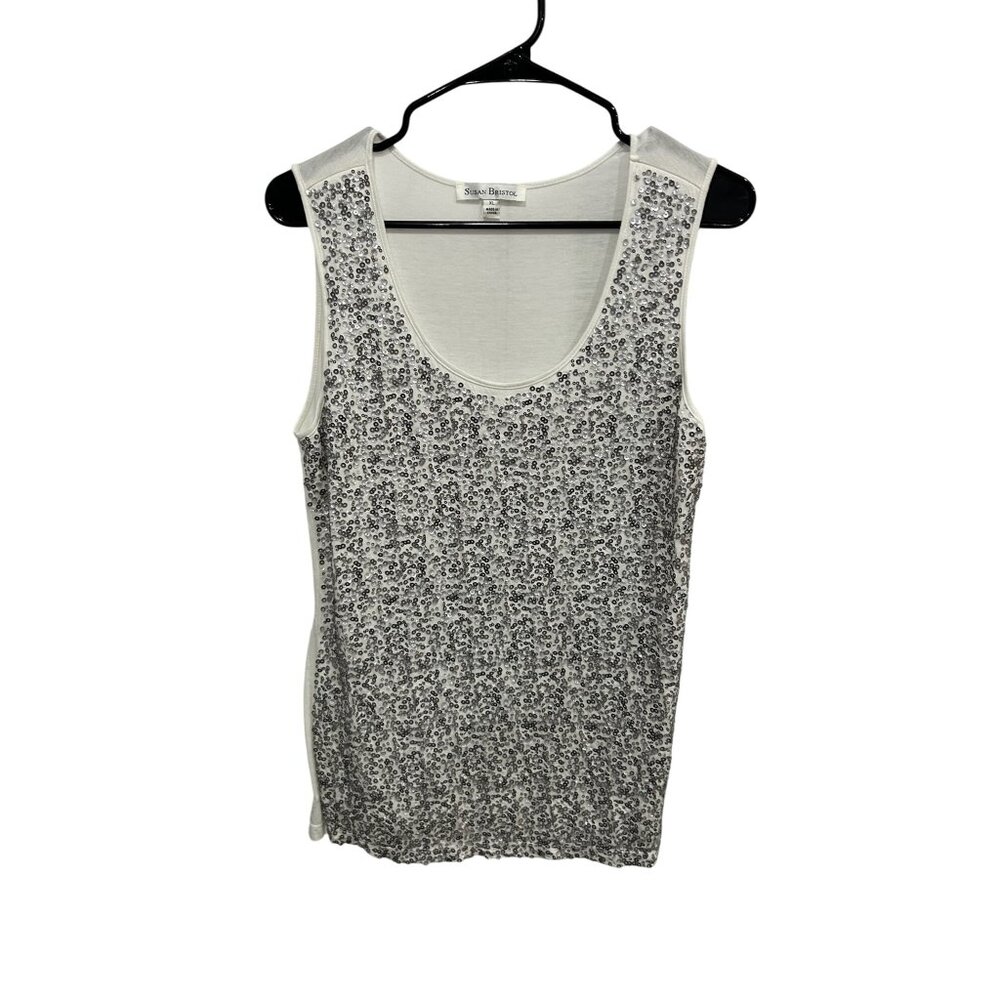 Susan Bristol White Sleeveless Sparkle Sequin Tank Top Size XL Glam Night Out
